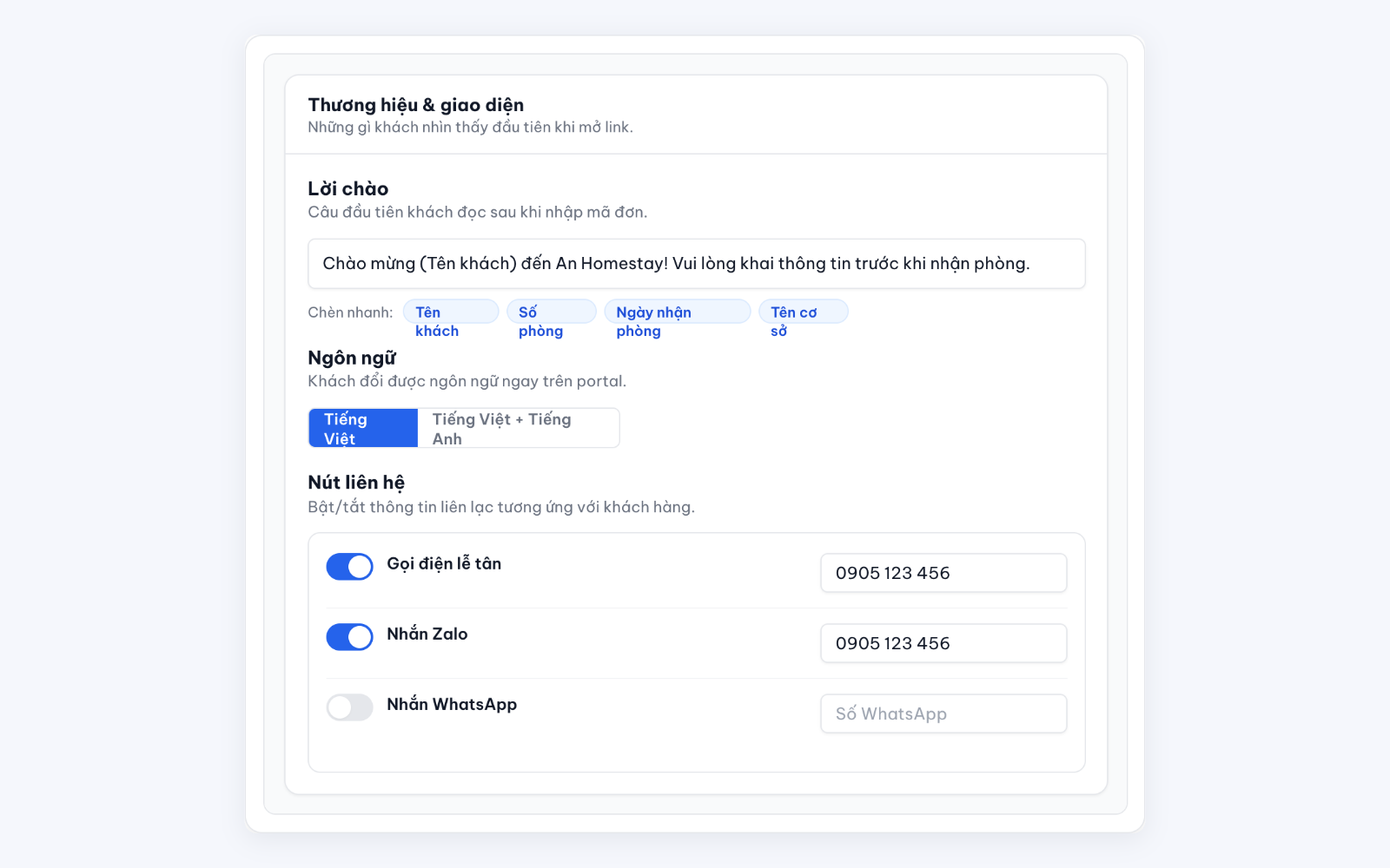 Chủ cơ sở tuỳ biến thương hiệu và lời chào trên Cổng tự check-in