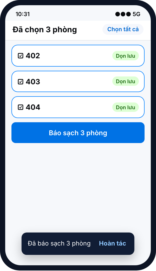 Chọn nhiều phòng và báo sạch, có nút Hoàn tác