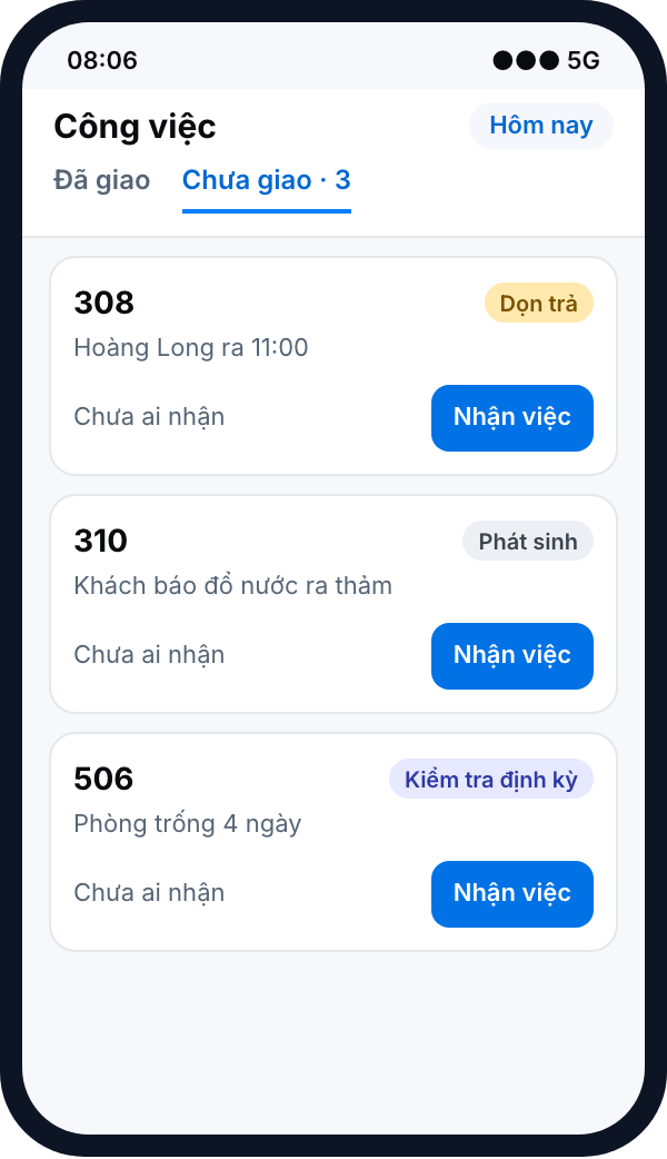 Danh sách việc chưa giao, nút Nhận việc