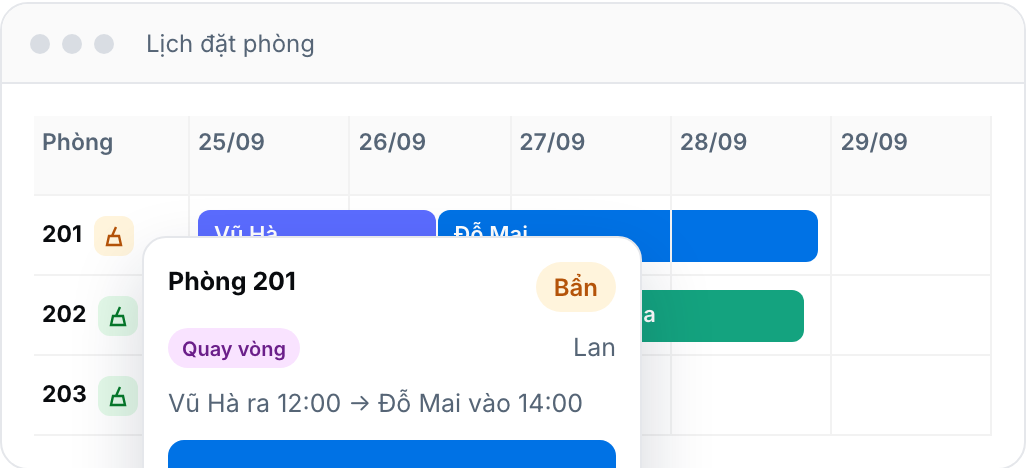 Lịch đặt phòng có biểu tượng dọn phòng và cửa sổ việc dọn