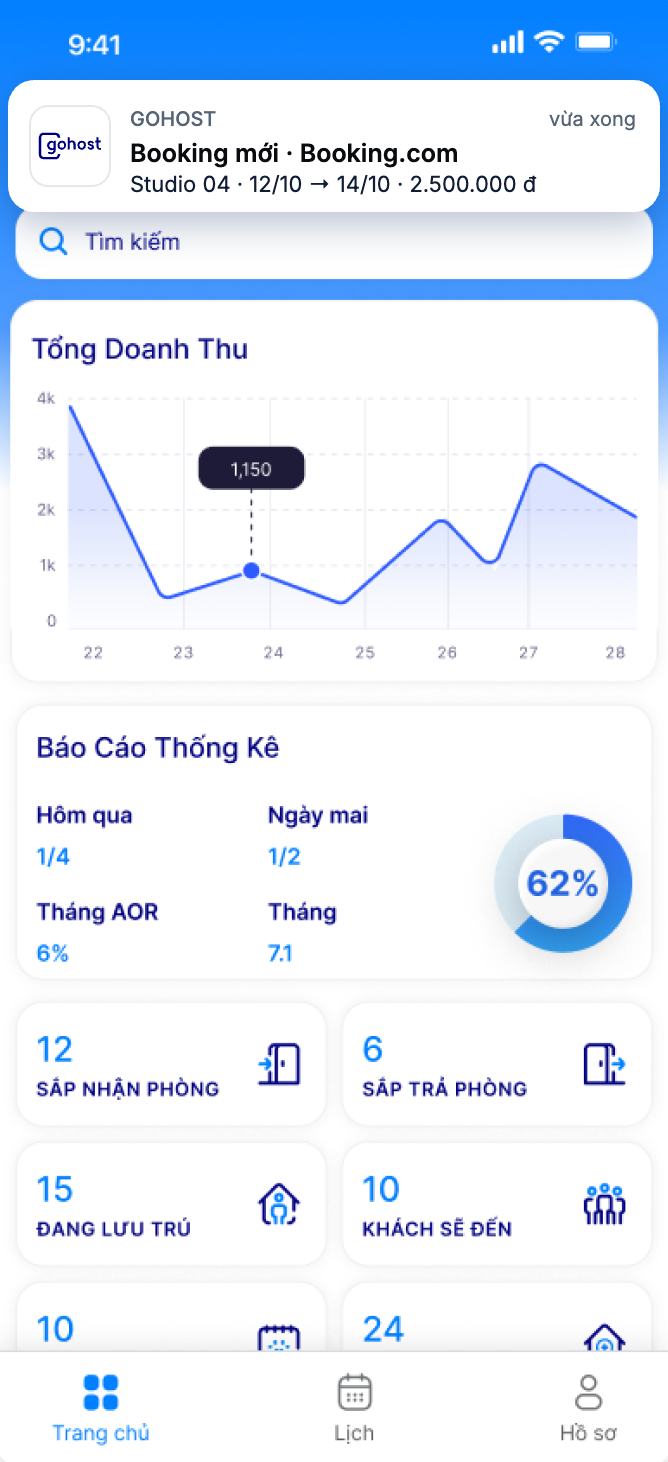 Màn hình tổng quan vận hành trên app GoHost kèm thông báo booking mới từ Booking.com